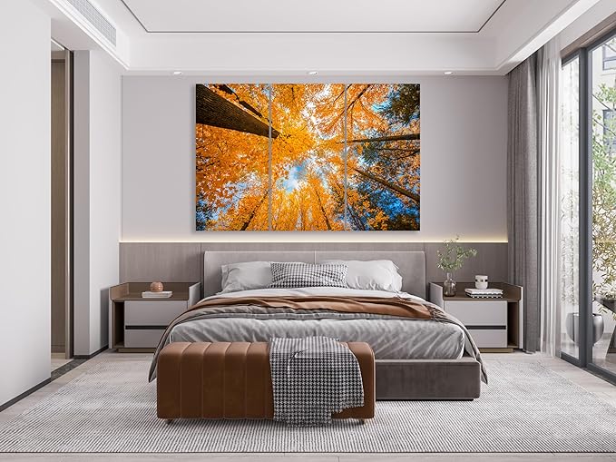 Nature Wall Art Prints - Ocean Forest Mountain Lake Canvas Landscapes - Small to Extra Large Living Room Bedroom Kitchen Bathroom Décor (Blue Sky Through Yellow Autumn Trees, 35L" x 53W" - 3 Panels)