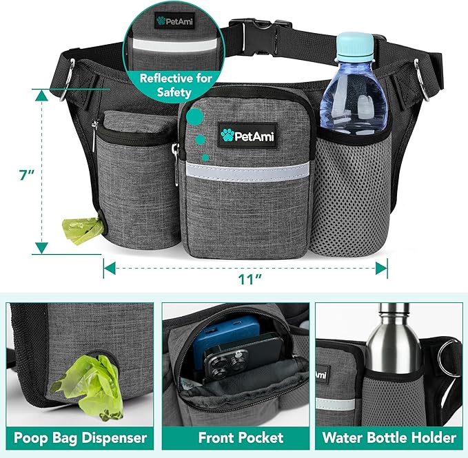 PetAmi Premium Hands Free Dog Leash for 2 Dogs, Adjustable Waist Belt Leash for Dog Walking, Fanny Pack Accessories Bag Dual Bungee Leash for Running, Hiking, Jogging, Biking, Charcoal Grey