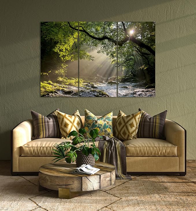 Nature Wall Art Prints - Ocean Forest Mountain Lake Canvas Landscapes - Small to Extra Large Living Room Bedroom Kitchen Bathroom Décor (Rocky River in the Woods, 39L" x 59W" - 3 Panels)