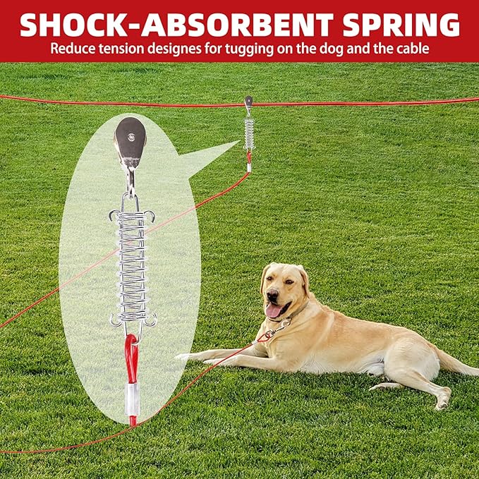 PUPTECK Outdoor Dog Run Cable for Small to Large Dogs up to 125lbs, Heavy Duty Tie Out Cable Trolley System with Runner Pulley Cable Zip Line for Yard, Camping, Long Lead Chain Leash