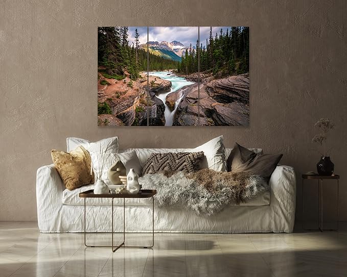 Nature Wall Art Prints - Ocean Forest Mountain Lake Canvas Landscapes - Small to Extra Large Living Room Bedroom Kitchen Bathroom Décor (Mountain River Waterfall, 31L" x 47W" - 3 Panels)