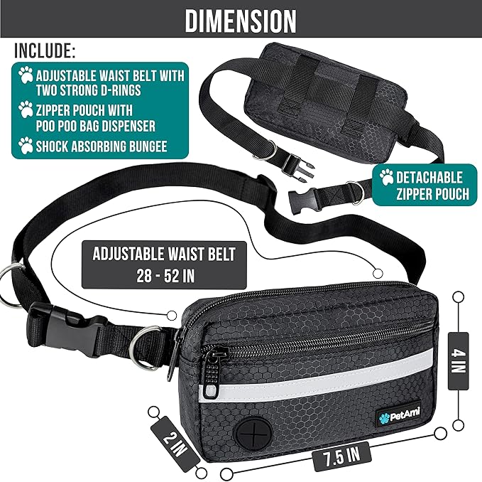 PetAmi Hands Free Dog Leash, Dog Running Leash Belt for Walking Jogging, Dog Waist Zipper Pouch Fanny Pack with Poop Bag Dispenser, Dual Padded Handle Bungee Leash for Small Medium Large Dogs, Single