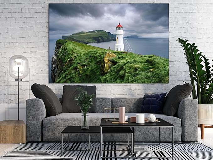 Nature Wall Art Prints - Ocean Forest Mountain Lake Canvas Landscapes - Small to Extra Large Living Room Bedroom Kitchen Bathroom Décor (Stormy Sky Lighthouse, 28L" x 41W")