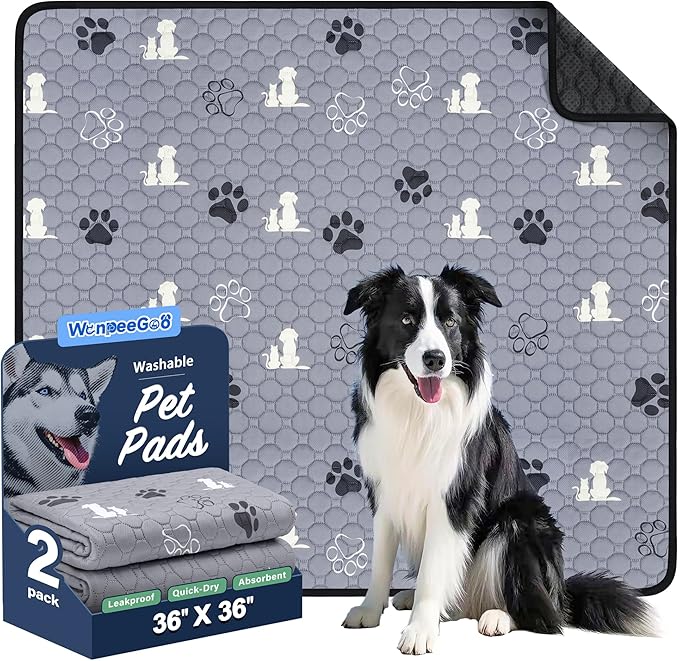 Washable Pee Pads, Puppy Pee Pad for Dogs, 2 Pack Absorbent Reusable Training Dog Pads Pet Puppy Pads, Non-Slip Potty Pads for Whelping, Playpen, Crate, Bed, Grey 36"x36"