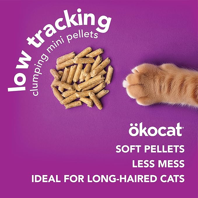 ökocat Less Mess Low Tracking Wood Clumping Cat Litter Mini- Pellets, Unscented, 14 pounds - Natural Ingredients, Stops Odor, Clumps Solid, 99% Dust Free, Great for Long-Hair Breeds