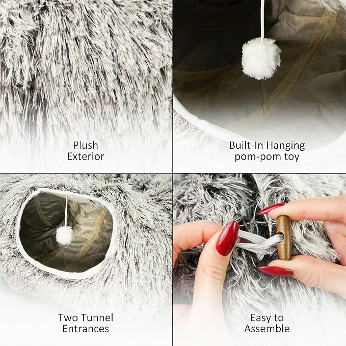 Cat Donut Bed with Washable Cushion – Cat Caves for Indoor Cats – Collapsible Donut Bed with Peekaboo Pet Tunnel Toy – Cozy Hideout for Kittens, Ferrets, Rabbits & Dogs - Brown