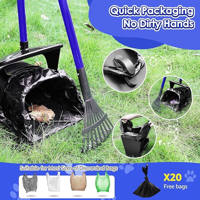 Lukovee Dog Pooper Scooper, 37.4" Long Adjustable Metal Handle Swivel Bin & Rake & Spade Kit with 20 Poop Bags, Portable Dog Non-Breakable Poop Scooper for Gravel Yard Lawn Grass, Blue