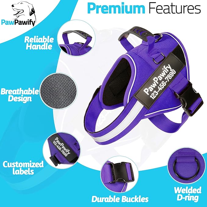 PawPawify Custom No Pull Dog Harness with Name and Phone Number, Heavy Duty Personalized Pet Vest to Prevent Tugging, Pulling, or Choking, Training and Walking (New Purple, XL (60-85 LBS))