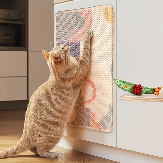 SCRATCHABLE Sisal Cat Scratcher, [+ Catnip Fish Toy], Cat Wall Scratcher, Couch Protector from Cat Scratching, 24 X 15.8 with 12 Adhesive Velcro Stripes. (Modern)