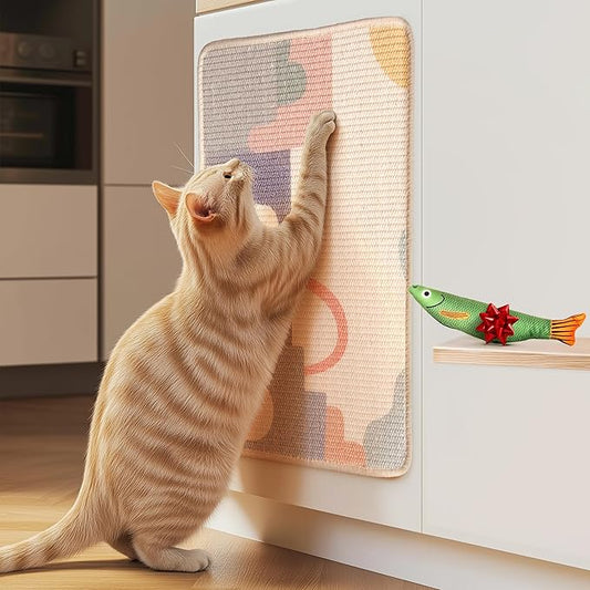 SCRATCHABLE Sisal Cat Scratcher, [+ Catnip Fish Toy], Cat Wall Scratcher, Couch Protector from Cat Scratching, 24 X 15.8 with 12 Adhesive Velcro Stripes. (Modern)