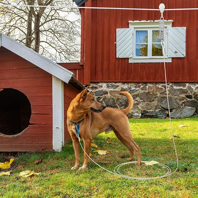 50ft Dog Runner for Yard Large Dog Heavy Duty with Double Shock Absorbers Tangle-Free Aerial Trolley System for Large Dogs Up to 250lbs (Silver)