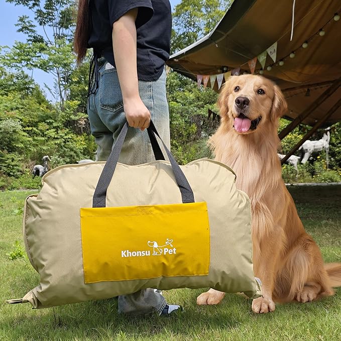 Portable Waterproof Dog Mat for Camping, Patio & Travel - Foldable Outdoor Dog Bed with Teflon Shell & Removable Plush Pad - Easy Clean, Durable - M (Hemp Grey)