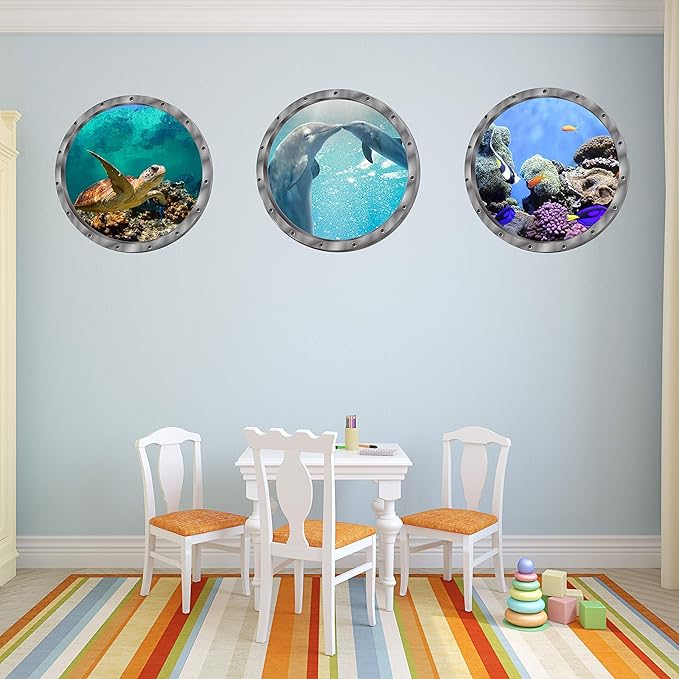 Under The Sea Nature Scenery Ocean Animals World Includ Sea Turtles Dolphins Coral 3 Pcs Removable 3D Wall Decals Peel and Stick Vinyl Stickers for Bathroom and Bedroom, Furniture,Home Decor