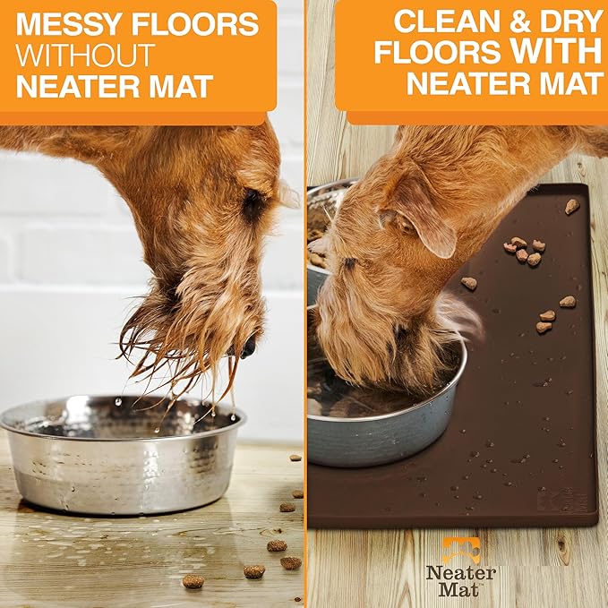 Neater Pet Brands Neater Mat Pet Mats for Food and Water, Cat & Dog Bowl Mat Waterproof Silicone, Feeding Tray, Dog Food Mats for Floors, Placemat w/Raised Edge for Under Bowls, 19” x 12”, Brown