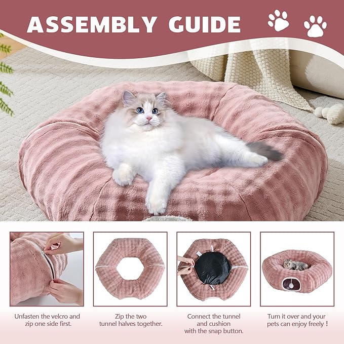 Bubble Cat Tunnel for Indoor Cats, Round Peekaboo Cave Toy with Dangling Balls, Donut Tunnel Bed with Circle Mat for Puppy Kitten Rabbit, Dusty Pink