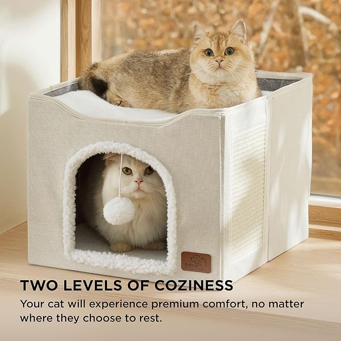 Bedsure Cat Beds for Indoor Cats - Large Cat Cave for Pet Cat House with Fluffy Ball Hanging and Scratch Pad, Foldable Cat Hideaway, 16.5x16.5x13 inches, Ivory