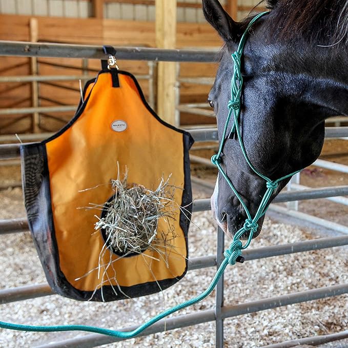 Majestic Ally 1200 D Hay Feeder Tote Bag for Horses, Sheep with Reflective Trim- Reduces Waste - Comes with 36” Hay Net (Orange)