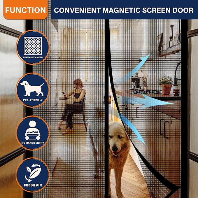 Magnetic Screen Door，Fiberglass Screen Door Mesh，Keep Bugs Out, Heavy-Duty Mesh Curtain,Pet and Kid Friendly, Works with Front Doors, Sliding Doors（32x80 Inch Fiberglass