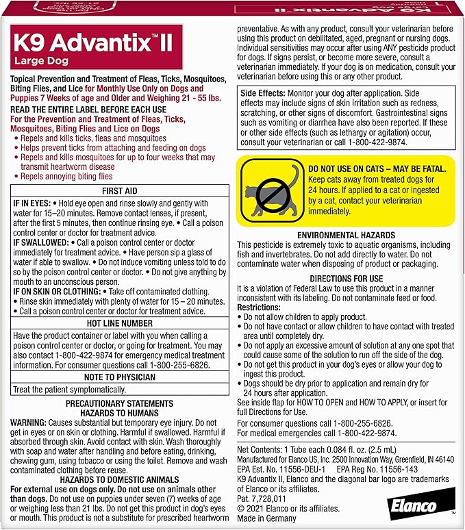 K9 Advantix II Large Dog Vet-Recommended Flea, Tick & Mosquito Treatment & Prevention | Dogs 21-55 lbs. | 1-Mo Supply (Pack of 3)