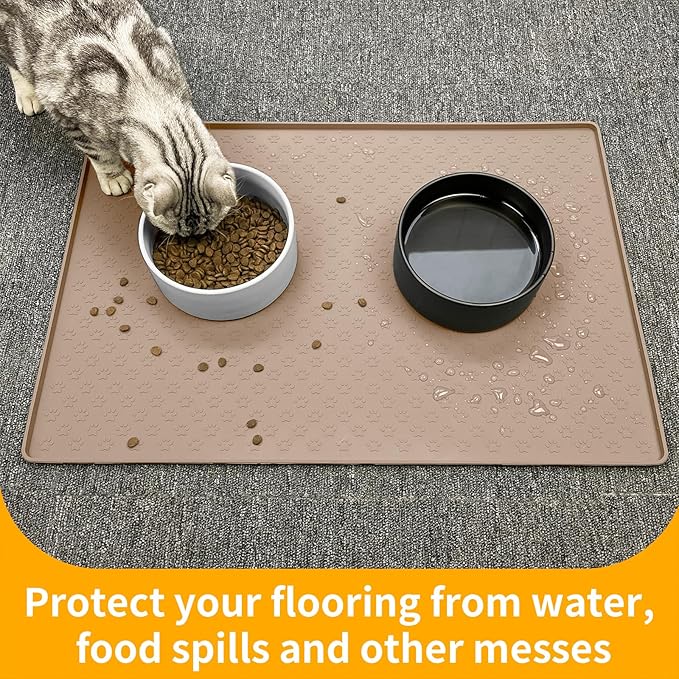 Ptlom Silicone Dog Food Mat Waterproof Pet Feeding Mat with High-Lips, Anti-Slip Dog Bowl Mat for Food & Water, Non-Spill Puppy Feeding Tray for Small, Medium & Large Dogs and Cats, Taupe