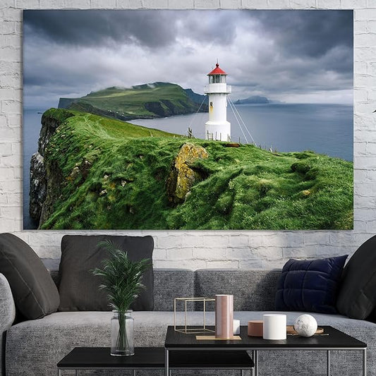 Nature Wall Art Prints - Ocean Forest Mountain Lake Canvas Landscapes - Small to Extra Large Living Room Bedroom Kitchen Bathroom Décor (Stormy Sky Lighthouse, 16L" x 24W")