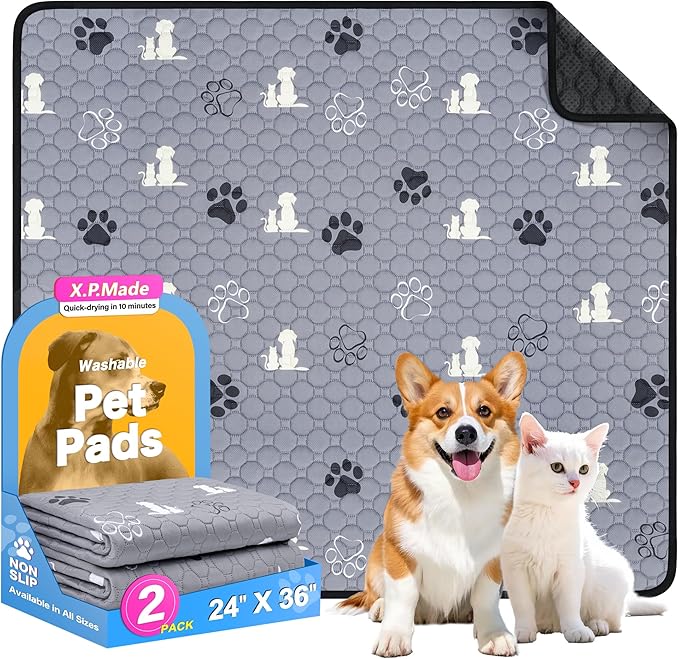 Washable Pee Pads for Dogs, 2 Pack Reusable Puppy Pads, Waterproof Pet Pee Pads for Dog Potty Training, Extra Large Dog Pee Pads for Crate, Playpen, and Whelping, Durable and Absorbent, Grey 24"x36"