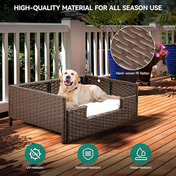 YITAHOME Rattan Dog Sofa Bed with Cushion, Wicker Pet Bed Sofa Couch Indoor Outdoor Waterproof for Large Medium Small Dogs Cats (34.6''L*23.6''W*11.8''H,Beige)