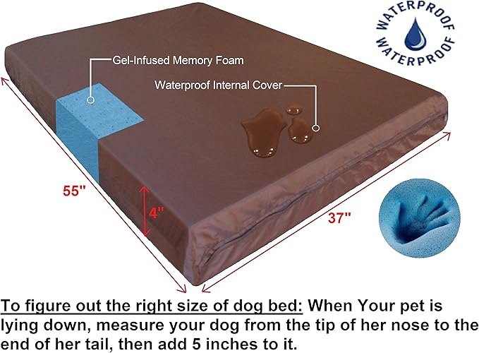 Dogbed4less Luxury XXL Orthopedic Memory Foam Dog Bed for Extra Large Dogs with Durable Waterproof Internal Case, Removable Washable Denim Cover and Bonus Pet Bed Spare Cover, 55X37X4 Inches, Brown