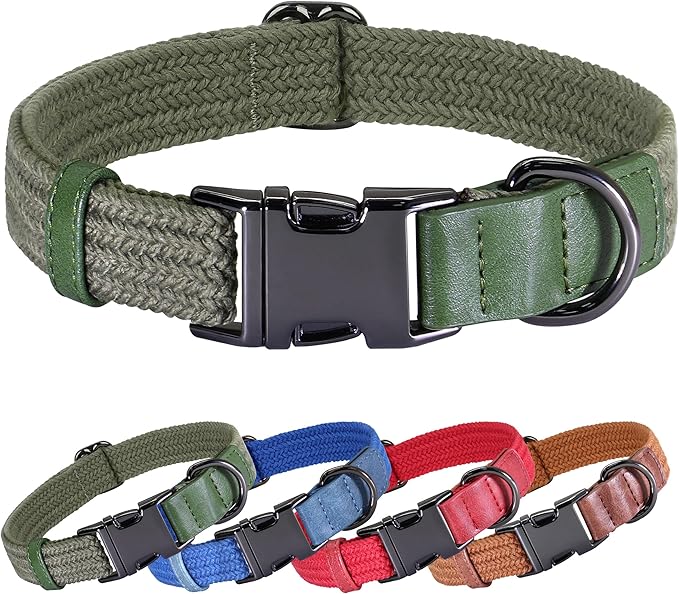 PET ARTIST Soft Cotton Dog Collars for Medium Dogs in Stylish Green, Simple Dog Collar with Quick Release Metal Buckle & D Ring, M Size (13-21")