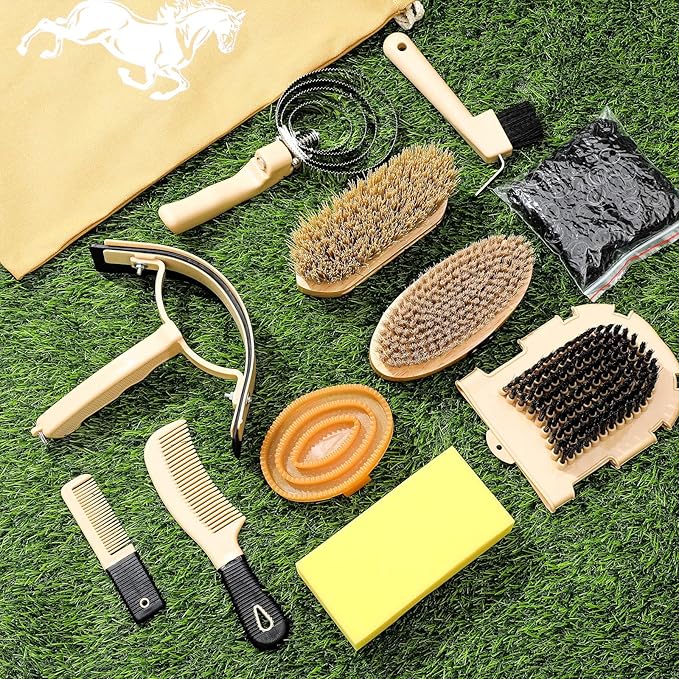 Abbylike 12 Pieces Horse Grooming Kit Racing Festival Tack Room Supplies Horse Brush Sets Equine Care Cleaning Kit Shedding Grooming Massaging Tools(Khaki)