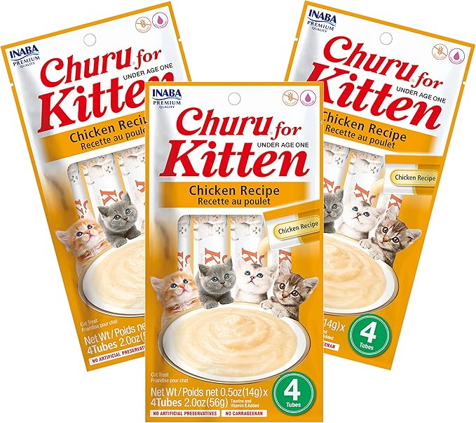 INABA Churu for Kittens, Grain-Free Creamy, Purée Lickable Cat Treats with DHA, EPA, Vitamin E & Taurine, 0.5 Ounces Each, 12 Tubes (4 per Pack), Chicken Recipe