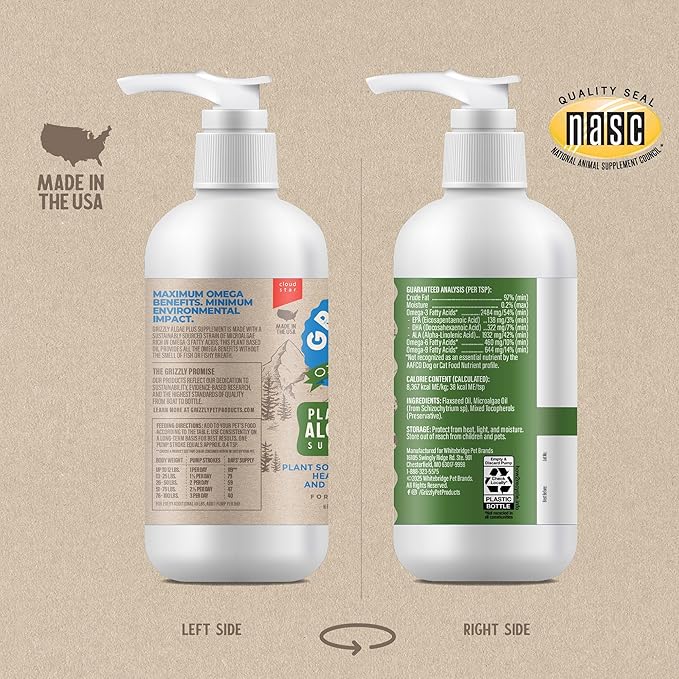 Grizzly Pet Products Algal Plus Omega 3-6-9 Food Supplement for Dogs and Cats, 8 Ounce Bottle