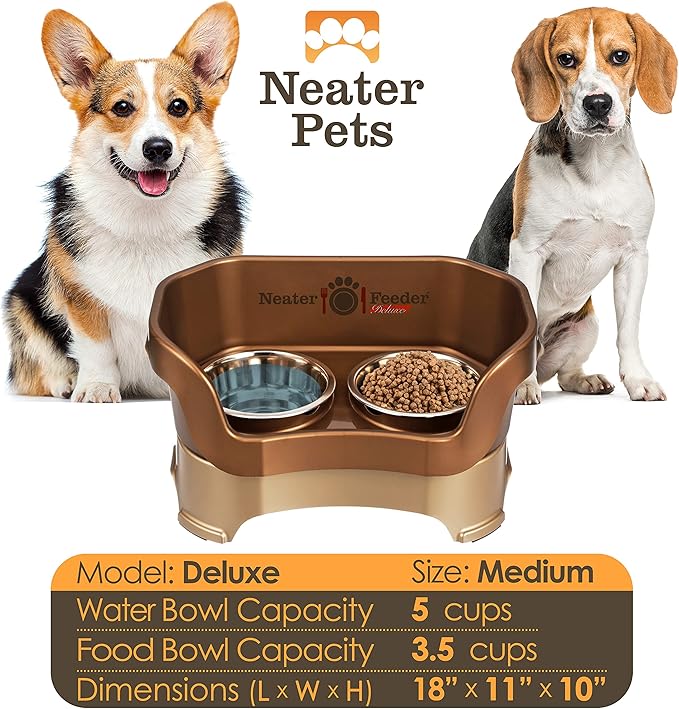 Neater Pet Brands Neater Feeder Deluxe Mess Proof Dog Bowls Elevated for Medium Dogs 19-40 lbs, Made in USA, No Spill Raised Dog Food Bowl Stand Feeding Station, Food and Water Bowl Set, Bronze