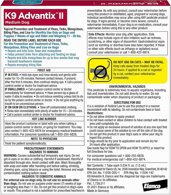 K9 Advantix II Medium Dog Vet-Recommended Flea, Tick & Mosquito Treatment & Prevention | Dogs 11-20 lbs. | 1-Mo Supply (Pack of 3)