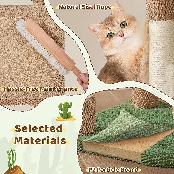 Yaheetech Cactus Cat Tree, 42in Cat Tower for Indoor Cats, Multi Level Kitten Condo Scratching Post, Pet Activity Center Furniture w/Ball, Plush Perch, Platform, Basket, Brown/Green