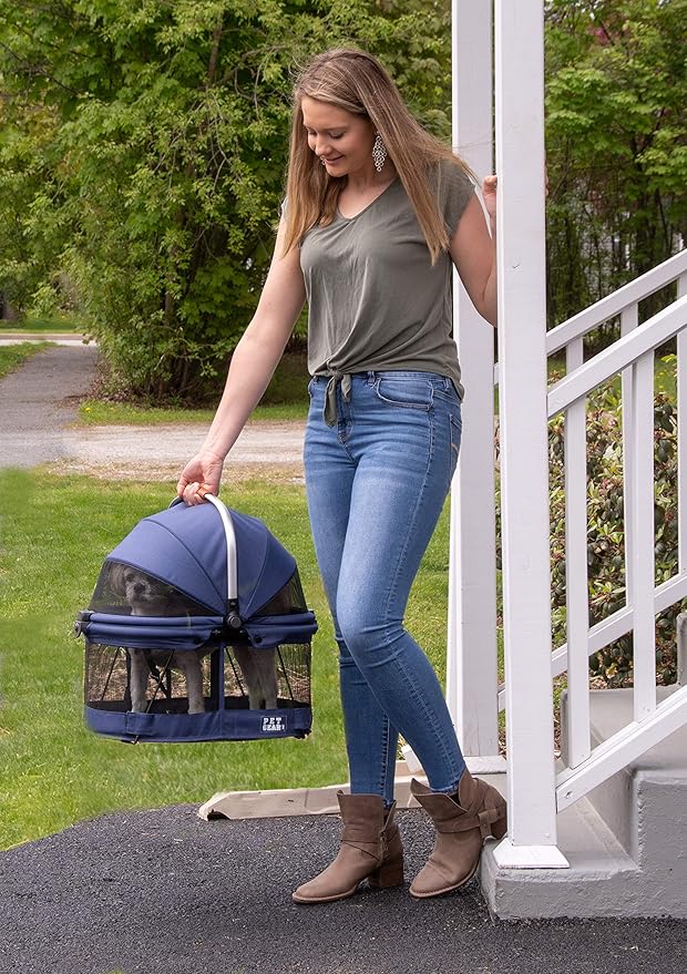 Pet Gear No-Zip View 360 Pet Safety Carrier & Car Seat for Small Dogs & Cats Push Button Entry, View 360 20-inch, Navy