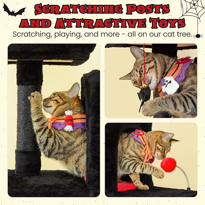 MWPO Gothic Large Cat Tree, 70.1-Inch Multi-Level Tall Cat Tower for Indoor Cats, Plush Cat Condo with Big Padded Perches, Sisal-Covered Scratching Posts, Hammock, Toys for Kittens & Cats, Black