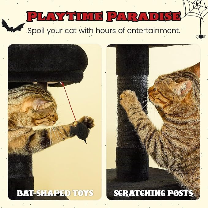 MWPO Gothic Cat Tree for Indoor Cats, 63.8 Inches Multi-Level Cat Tower with Sisal-Covered Scratching Posts, Padded Platform, Hammock, Dangling Toys, Stable Cat Condo Pet Play House, Black