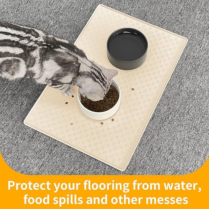 Ptlom Silicone Pet Placemat for Dog and Cat, Waterproof Anti-Slip Pet Feeding Bowl Mats for Food and Water, Small Medium Large Tray Mat Prevent Residues from Spilling to Floor, Beige, 31.5" 23.6"