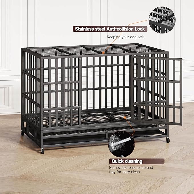 48 Inch Heavy Duty Indestructible Dog Crate Steel Escape Proof, High Anxiety Cage, Kennel with Wheels, Removable Tray, Extra Large XL XXL