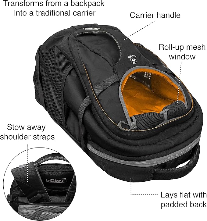 Kurgo G-Train - Dog Carrier Backpack for Small Pets - Cat & Dog Backpack for Hiking, Camping or Travel - Chest Straps & Hip Belt - Reflective - Two Water Bottle Sleeves - Waterproof Bottom (Black)