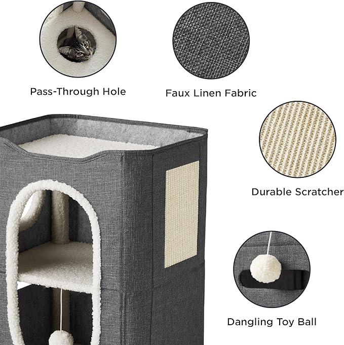 Bedsure 2 Story Cat House - Cat Condos for Indoor Cats with Scratch Pad and Fluffy Ball Hanging, Small Pet Cave Furniture Hideaway for Multi Pets, 18x14x23 inches, Dark Grey