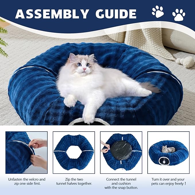 Bubble Cat Tunnel for Indoor Cats, Round Peekaboo Cave Toy with Dangling Balls, Donut Tunnel Bed with Circle Mat for Puppy Kitten Rabbit, Navy Blue