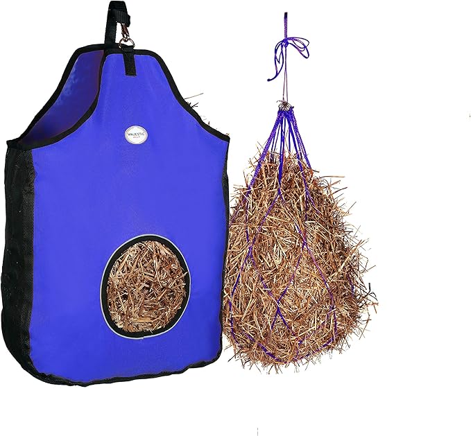 Majestic Ally 1200 D Hay Feeder Tote Bag for Horses, Sheep with Reflective Trim- Reduces Waste - Comes with 36” Hay Net. (Royal Blue)
