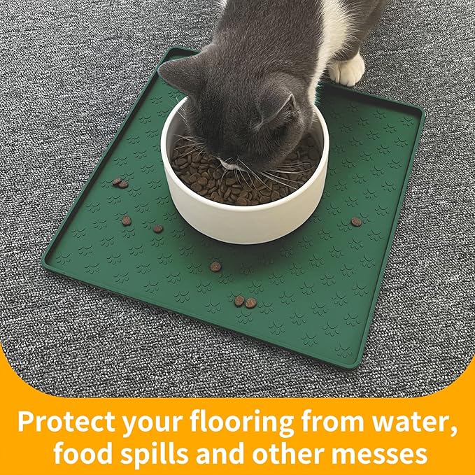 Ptlom Pet Placemat for Dog and Cat, Waterproof Silicone Pet Feeding Bowl Mats for Food and Water, Small Medium Large Dogs Mat Prevent Residues from Spilling to Floor, Hunter, 11.8"x11.8"