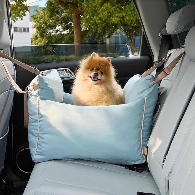 Lesure Small Dog Car Seat for Small Dogs - Soft Dog Booster Seat for Car with Storage Pocket and Clip-On Safety Leash and Thickened Memory Foam Filling, Pet Travel Carrier Bed, Light Blue