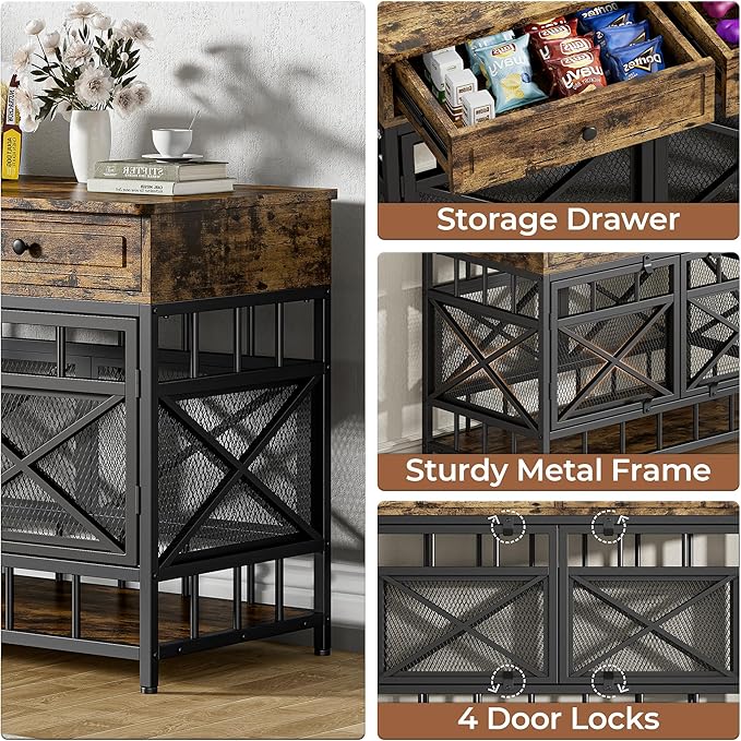 IRONCK 44 inch Large Dog Crate Furniture, Wooden Dog Kennel with Storage Drawers for Medium/Large Dogs, Decorative Dogs Kennel Indoor, Rustic Brown