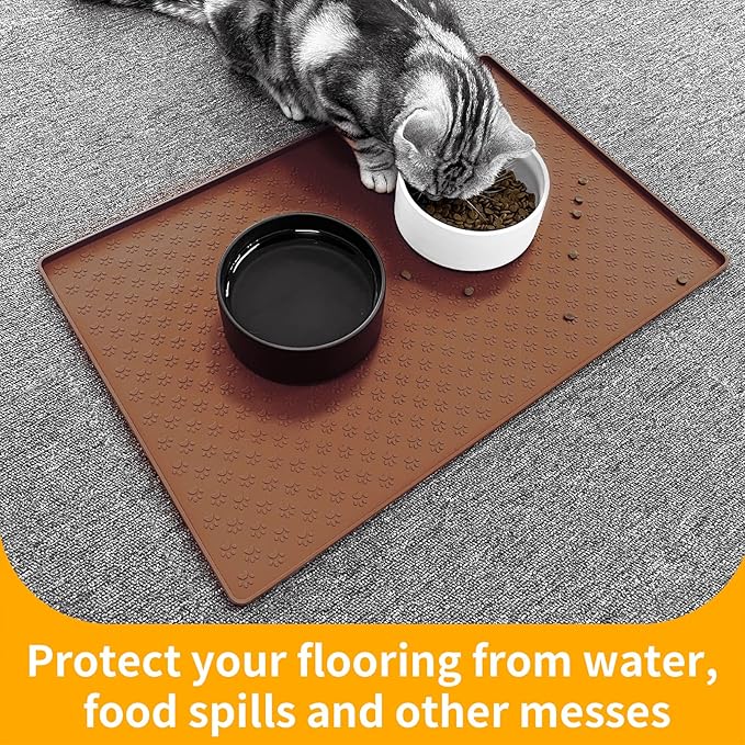 Ptlom Pet Placemat for Dog and Cat, Waterproof Silicone Pet Feeding Bowl Mats for Food and Water, Small Medium Large Dogs Mat Prevent Residues from Spilling to Floor, Brown, 24.5" 16.5"