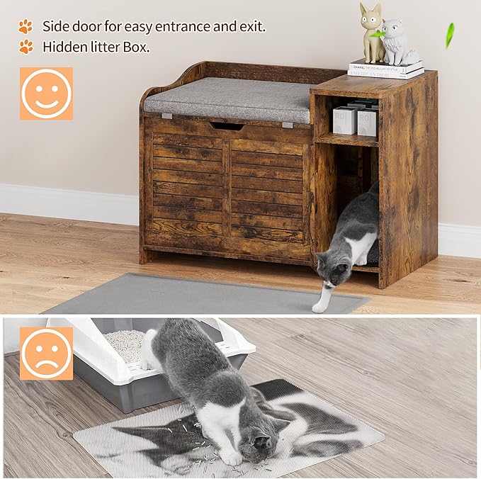 TrailBlaze Litter Box Enclosure with Top Opening&Scratching Mat, Cat Litter Box Furniture with Cushion Litter Box Hidden Wooden Cat Washroom Farmhouse Style Cat House for Hallway, Bedroom, Retro