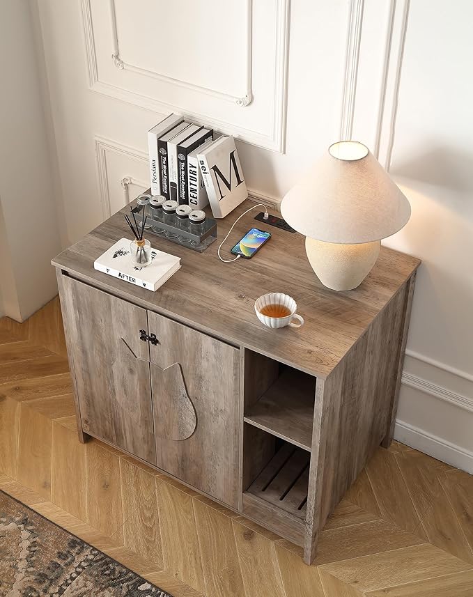 Cat-Faced Doors Cat Litter Robot Enclosure,Automatic Litter Box Enclosure for Litter Robot 3/4,Power Outlet for Litter Robot Cabinet,Litter Collector,Dog-Proof Adjustable Shelf,Grey